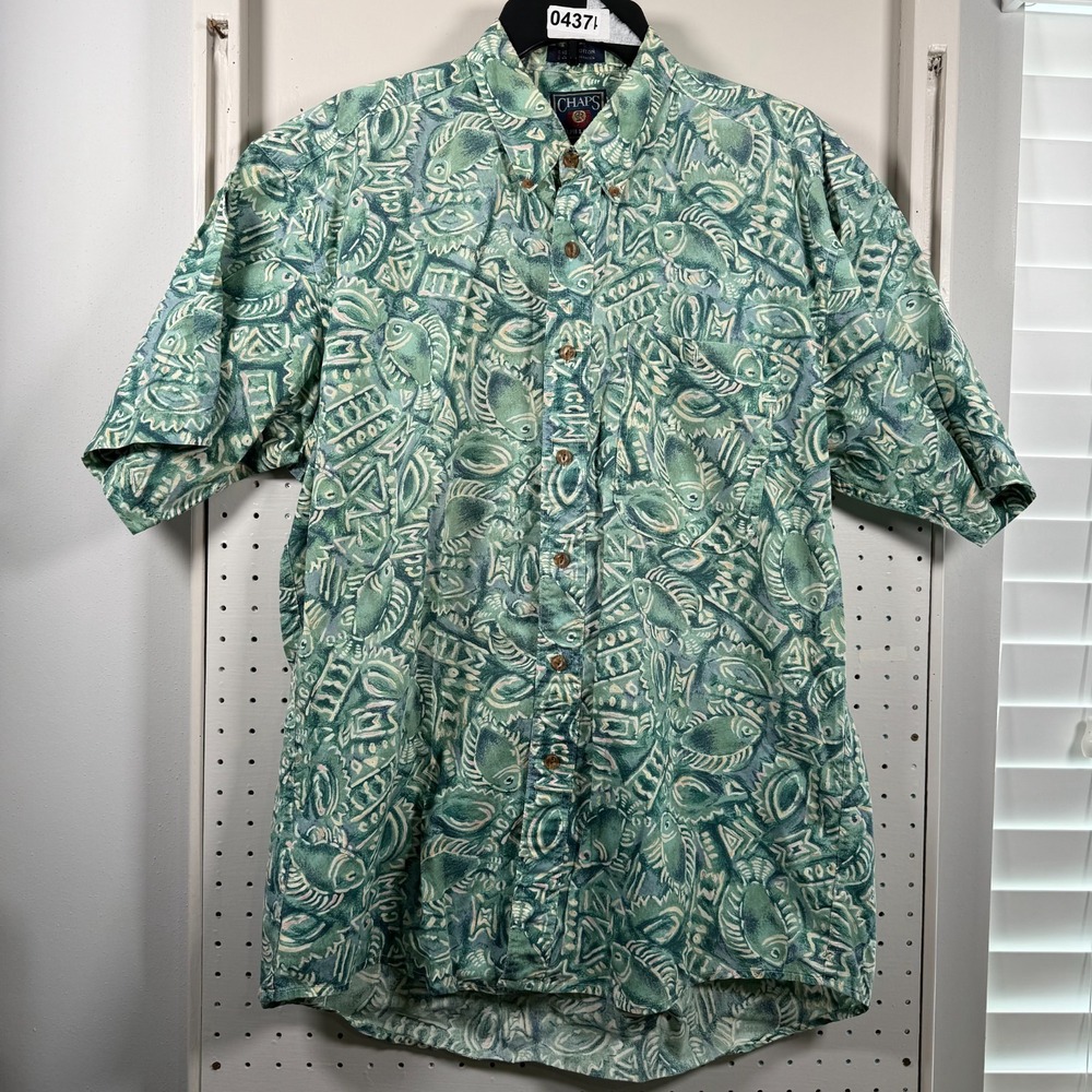 Ralph Lauren Chaps Hawaiian Shirt Mens Green Fish Short Sleeve Button-Down Large
